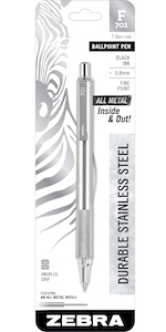zebra pen stainless steel ballpoint pen closeup, refillable, easy-glide ink, knurled metal grip