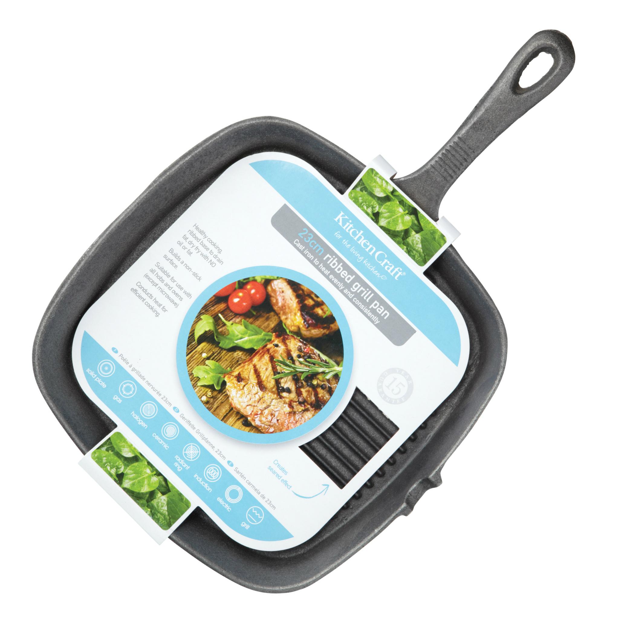 KitchenCraft Ribbed Square InductionSafe Cast Iron Griddle Pan, 23 cm