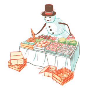 Cartoon image of snowman with a table of produce in front of him.