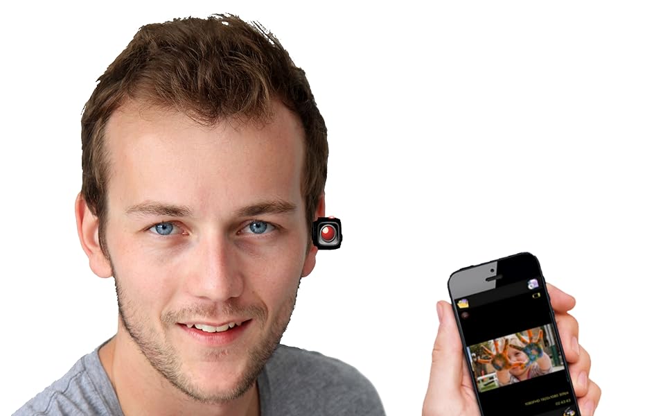 Man using HeadsUp Wireless Bluetooth Streaming Camera and holding cell phone