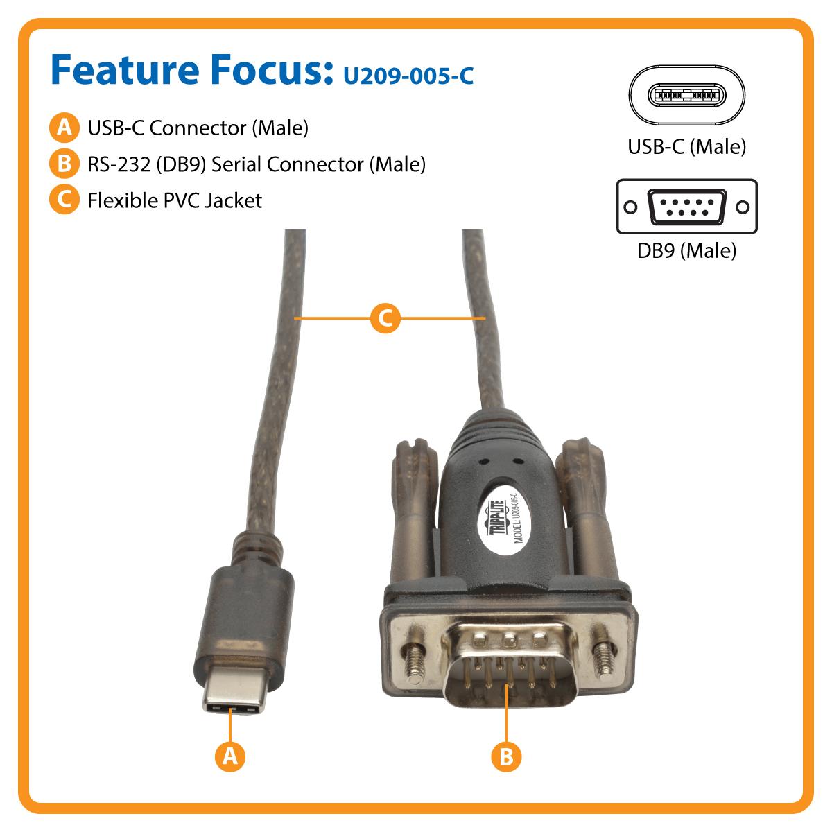 Tripp Lite USBC to DB9 Serial Adapter Cable, 5' USB 2.0