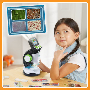 Kid playing Challenge Mode, microscope shows Challenge screen.