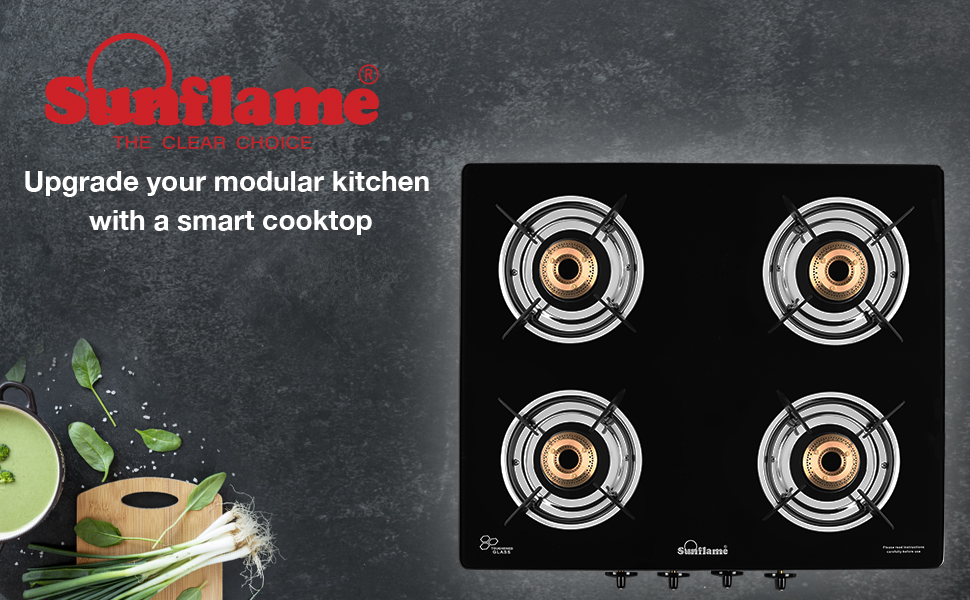 Buy Sunflame GT 4B Classic SS Toughened Glass 4 Burner Gas Stove (Manual Ignition, SS) Online at