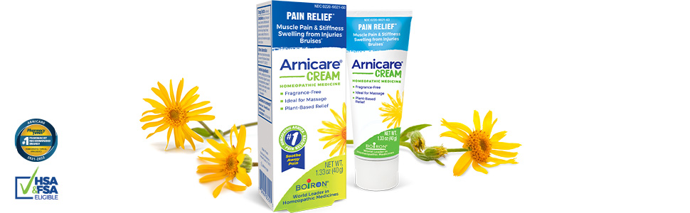 Arnicare Cream 1.33 oz box and tube with Arnica flowers