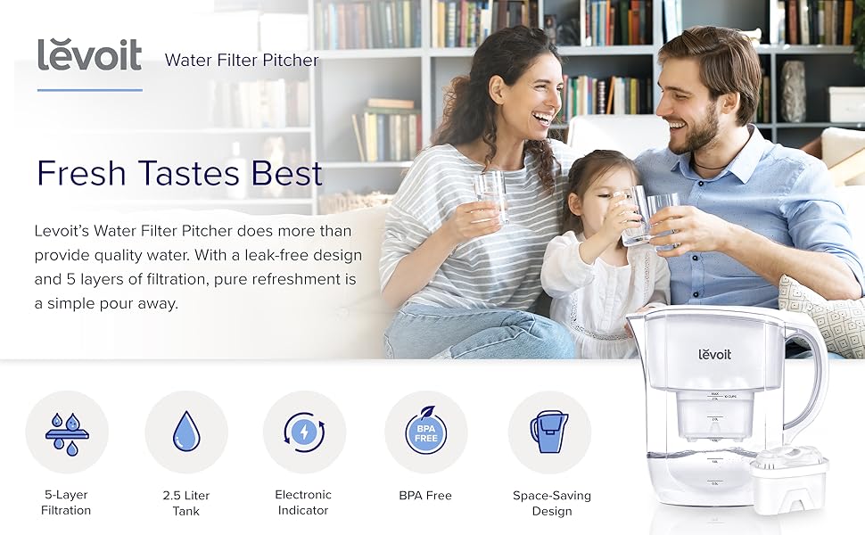 LEVOIT Water Filter Pitcher 10 Cup with Electronic Indicator, Reduce