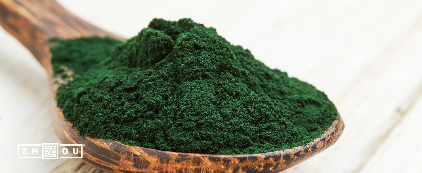 Fresh Blue Green Algae on a wooden spoon.