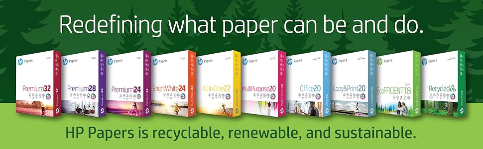 Array of complete line of HP Papers, HP Papers is recyclable, renewable, and sustainable.