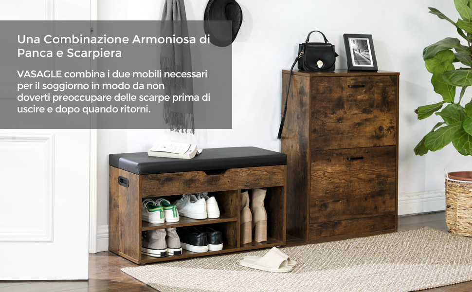 VASAGLE Panca Scarpiera, Panchina Con Seduta Imbottita, 3 Scomparti E 1 Contenitore, Portascarpe, Soggiorno Salotto Corridoio Camera Da Letto, Capacità Di Carico Di 150 Kg, Marrone Vintage Da SONGMICS 13 1