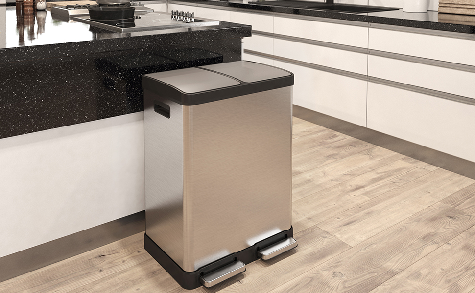 iTouchless 16 Gallon Kitchen Dual Step Trash Can & Recycle Bin