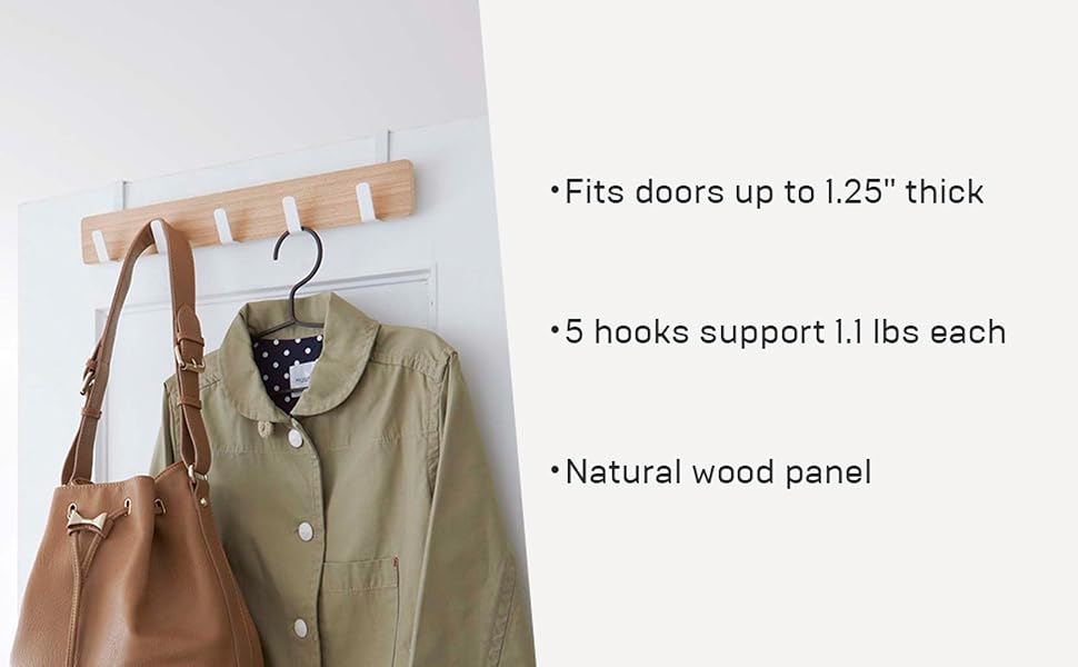 Over-the-Door Rack displayed in a modern home featuring three bullet points.