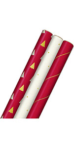 Red & gold wrapping paper with minimalist Christmas trees & stripes for simple, sophisticated gifts