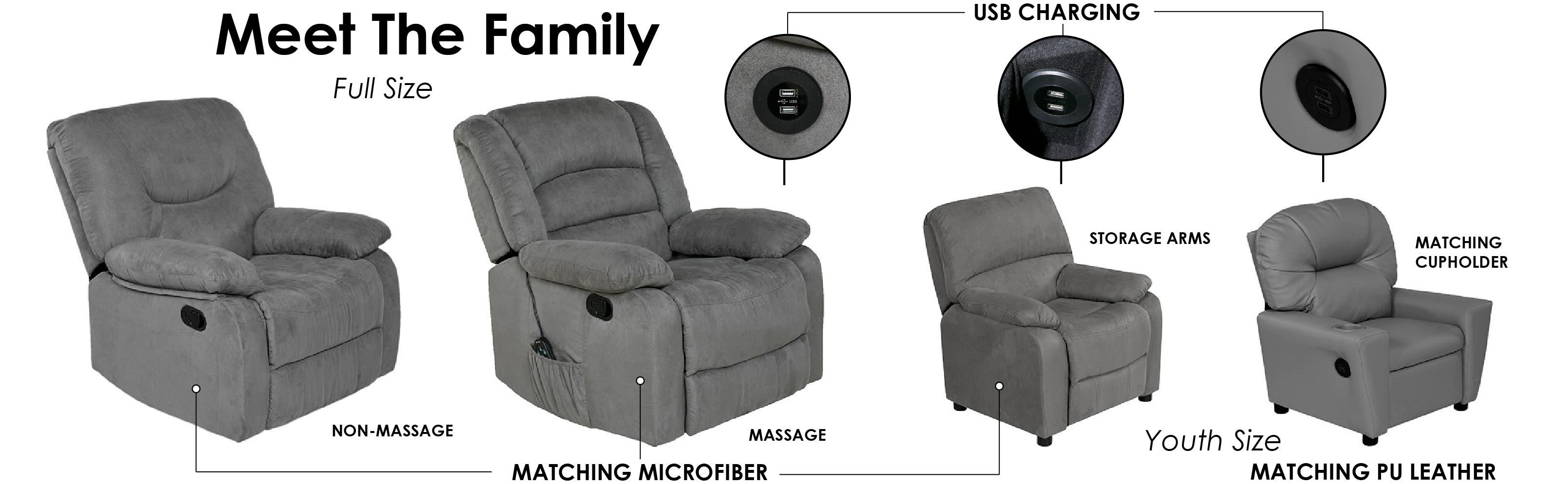 Relaxzen Massage Rocker Recliner with Heat and USB, Gray