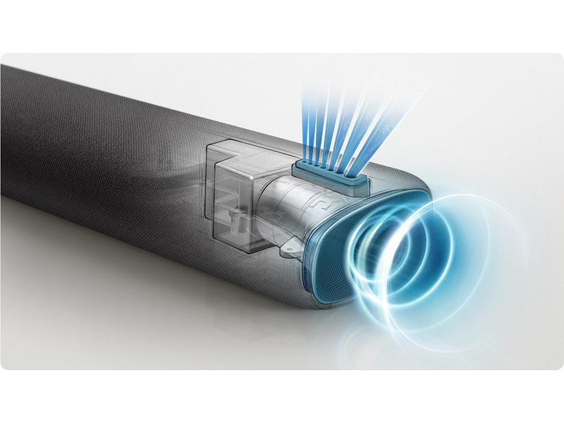 Illustration of sound coming out of the top and side of the soundbar