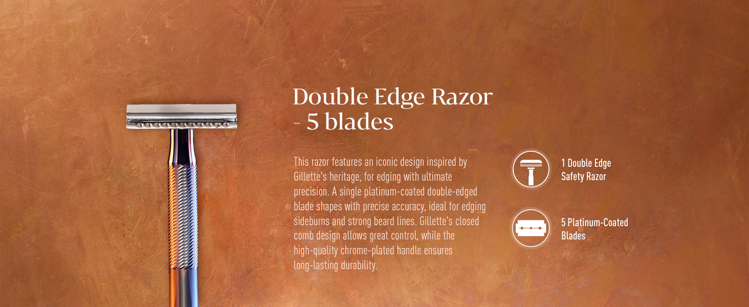 Gillette King C Double Edge Safety Razor for Men + 5 Platinum Coated Double Edge Blades, Gift