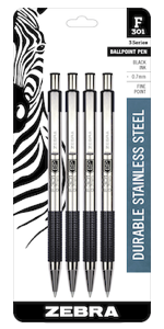 zebra pen stainless steel ballpoint pen closeup, refillable, easy-glide ink, metal grip