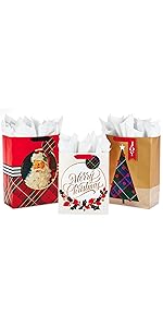 Victorian Christmas gift bags with traditional Santa Claus, gold foil, red plaid and tissue paper