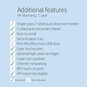 single pass auto document feeder paper tray USB drive touchscreen legal size Ethernet NFC warranty