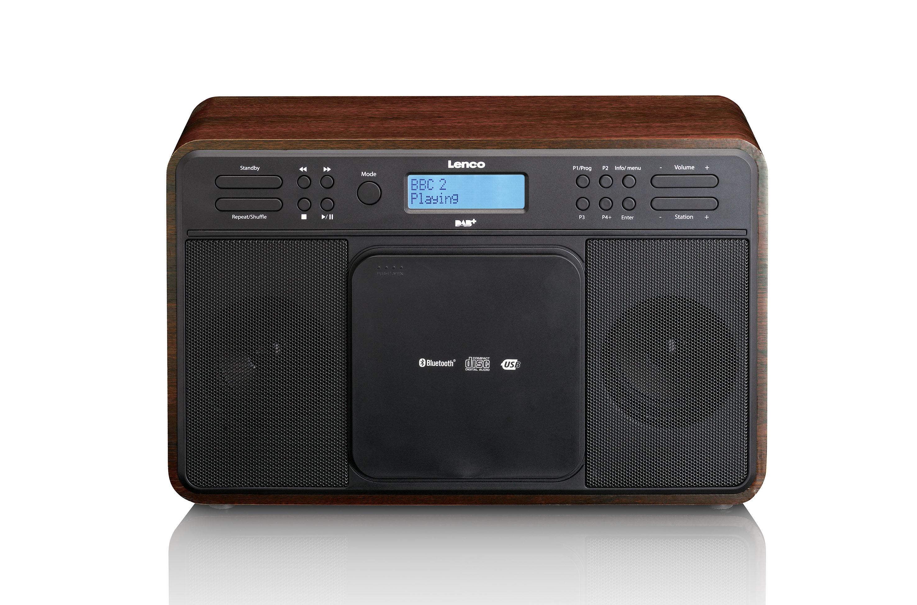 Lenco DAR040 Walnut Stereo DAB+/FM Radio/Bluetooth and Front Loading CD Player with 2 x 3 W