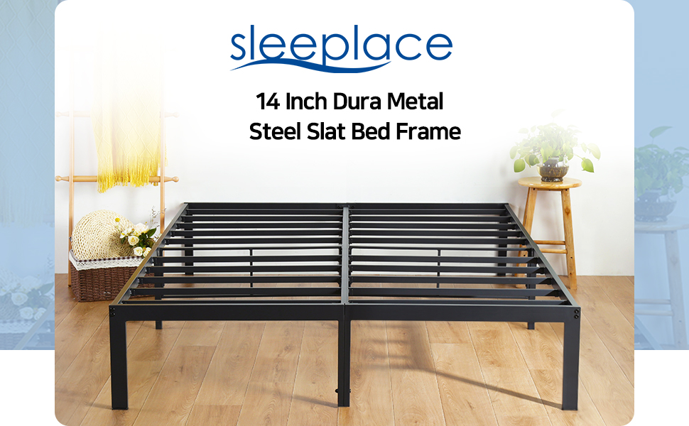 Sleeplace 14 Inch Heavy Duty Steel Slat Bed Frame/NonSlip/UnderBed Storage/No Box