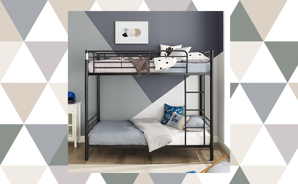 Modern Metal Pipe Twin over Twin Bunk bed Kids Bed Bedroom Storage Guard Rail Ladder, Twin, Black