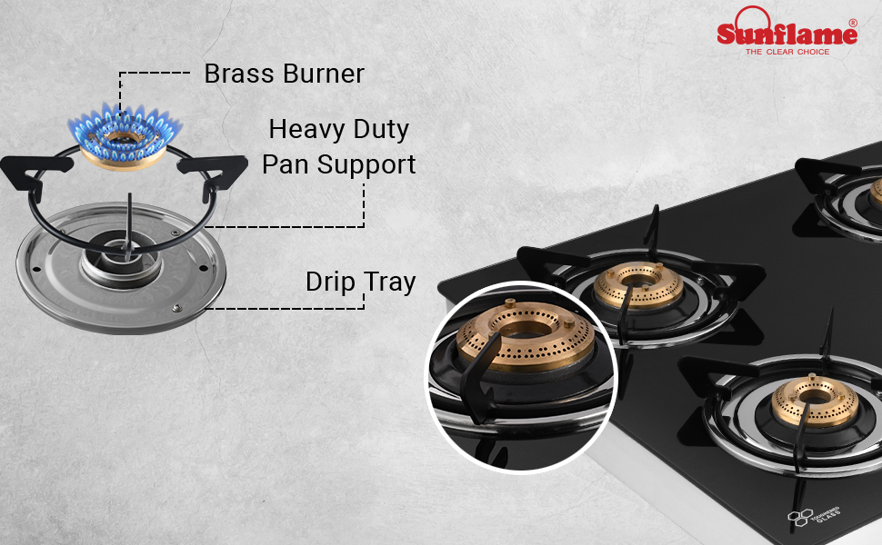 Buy Sunflame GT 4B Classic SS Toughened Glass 4 Burner Gas Stove (Manual Ignition, SS) Online at
