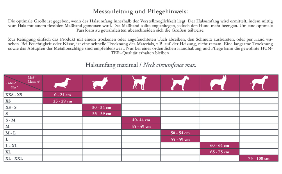 Größentabelle und Pflegehinweise