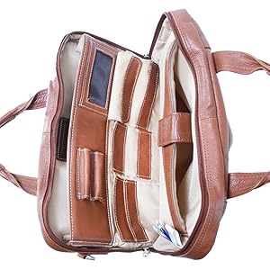 Brown 13" Leather Tablet Briefcase with interiordividers for papers and notebooks