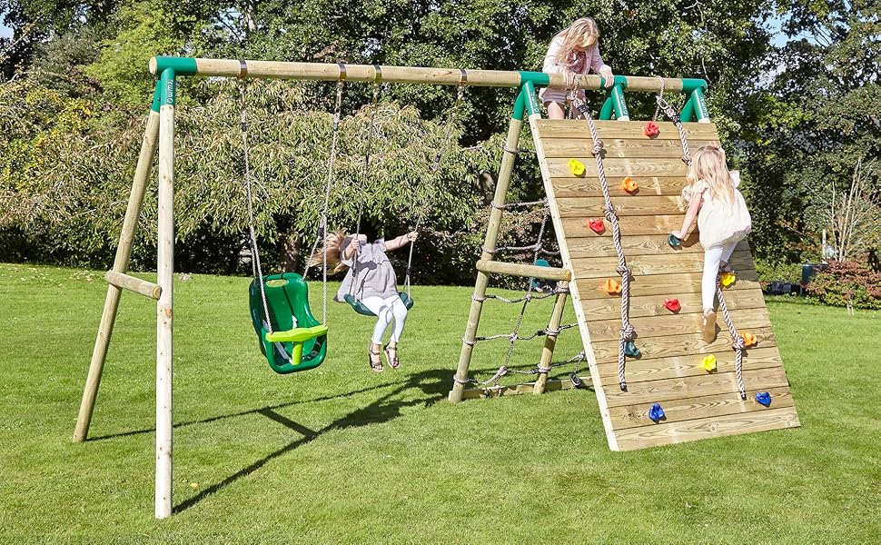 Rebo® Beat The Wall Wooden Swing Set with Double Up and Over Climbing