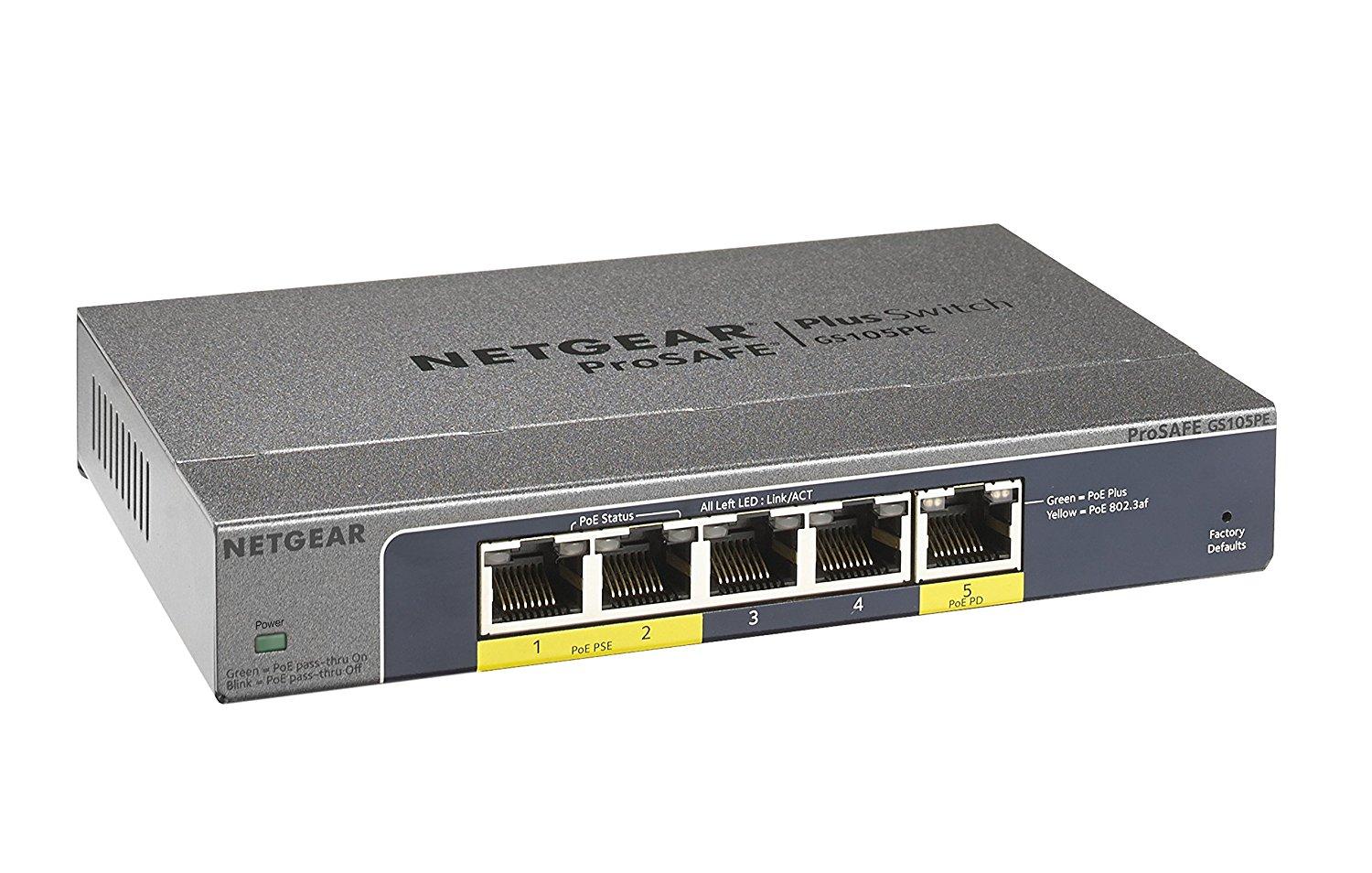 NETGEAR 5Port Gigabit Smart Managed Plus PoE Switch (GS105PE) with 2 x PoE PD