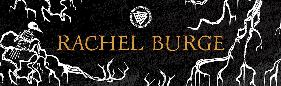 Black banner saying Rachel Burge showing roots and a symbol and skeleton in white