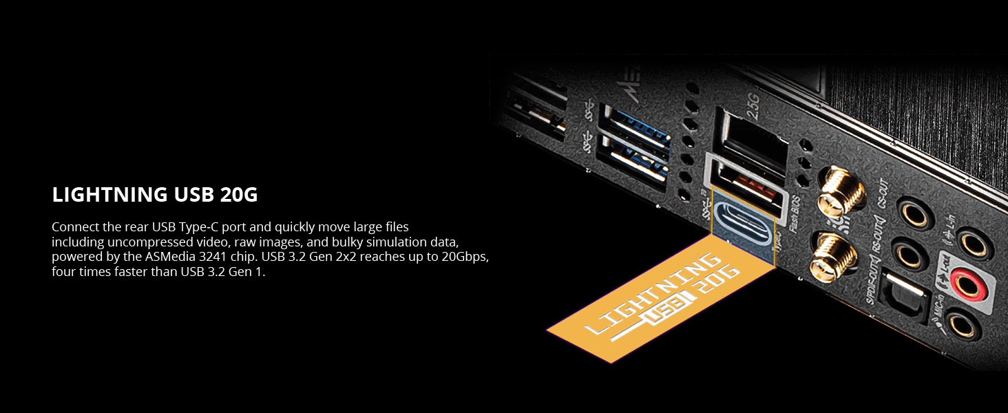 msi, meg z490 unify, lightning usb 20g, usb type-c port, reversible connector