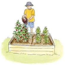 an illustration of a young boy watering a raised bed garden