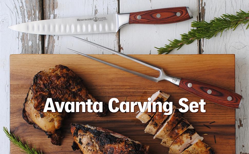 Messermeister Pakkawood Avanta Kullenschliff Carving Knife and Fork Set