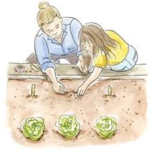 An illustration of a young girl and an adult planting seeds in a garden