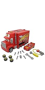 mack's playset, mack mobile truck, lightning mcqueen, red race car, matchbox, interactive toys
