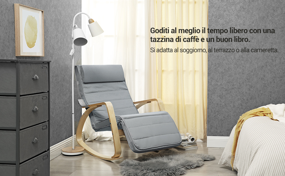 Songmics Sedia A Dondolo Con Braccioli In Legno Di Betulla, Poltrona A Dondolo Con Poggiapiedi Regolabile In 5 Posizioni, Max Portata 150 Kg, Soggiorno Cameretta, Grigio Chiaro 11 1/