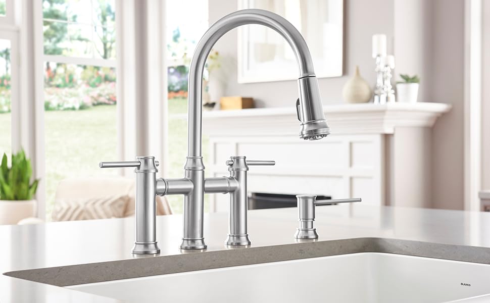 BLANCO, Stainless 442505 EMPRESSA PullDown Dual Spray Bridge Kitchen