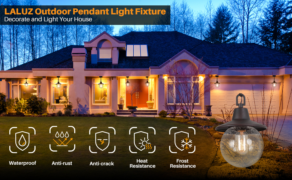 LALUZ Outdoor Pendant Light, Outdoor Hanging Lights in Rustic Bronze Finish with Seeded Glass