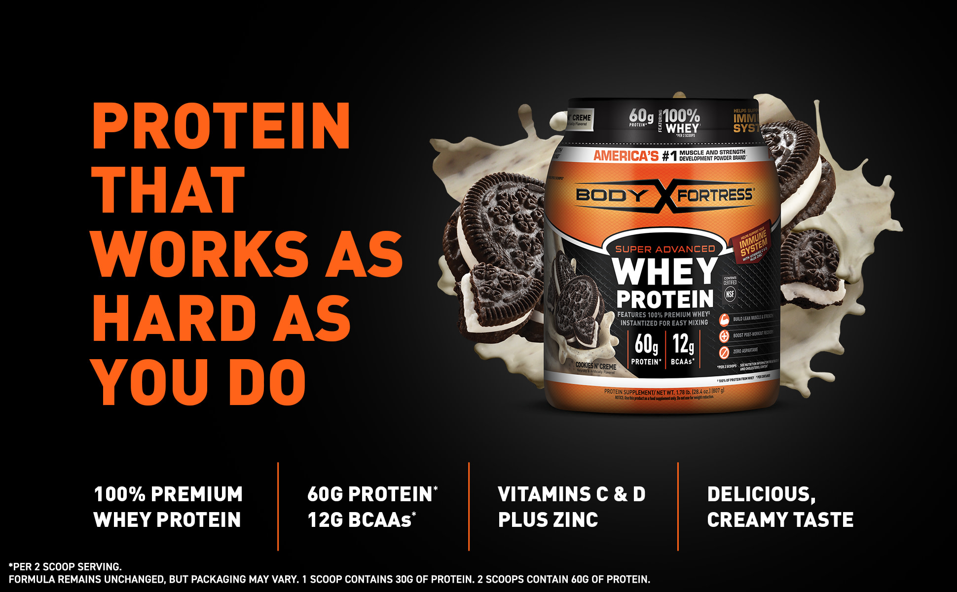 Body Fortress Super Advanced Whey Protein Powder, Cookies N Crème, 1.78 lbs
