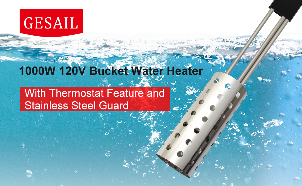 1000W Immersion Heater, Gesail Bucket Water Heater with Heating Element, Submersible Heater with