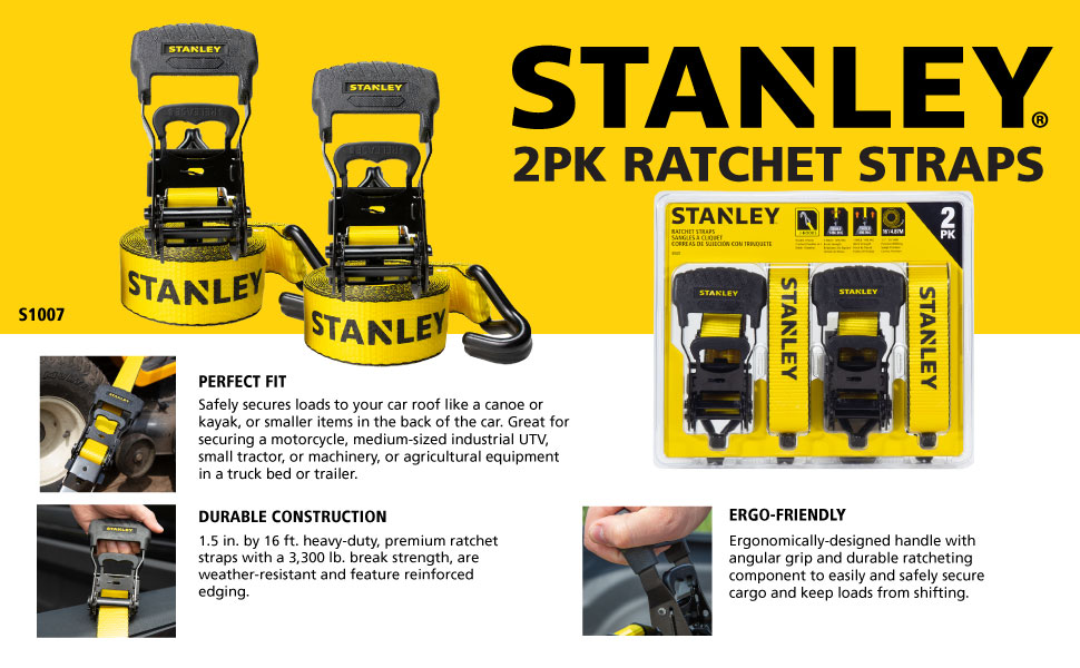 STANLEY S1007 Black/Yellow 1.5" x 16' Ratchet Tie Down Straps Heavy