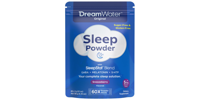 Dream Water Sleep Powder - Sugar-Free, Gluten-Free, Natural Flavors; Blend of 3 Ingredients, GABA, 5mg Melatonin, 5-HPT; Snoozeberry, 60-Count