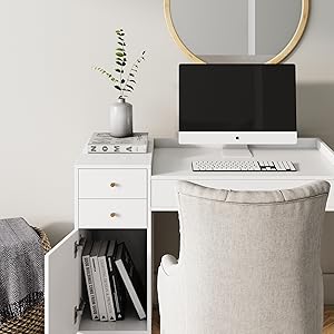 white modern industrial contemporary simple wooden vanity desk table drawers storage makeup