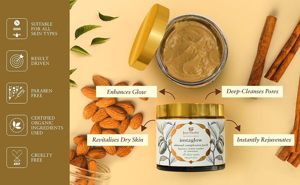 Just Herbs Instaglow Almond Complexion Face Pack for All Skin Type, SLS & Paraben Free 150 GM