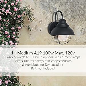 Sea Gull Lighting Sebring One-Light Outdoor Wall Lantern, Black Finish