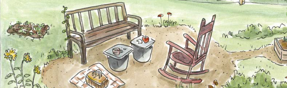 illustrated drawing of a bench and chair in a garden