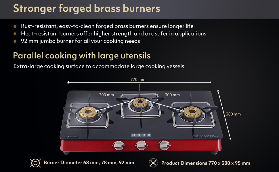 Usha Lustra GS 30018 MM Thick Toughened Glass Top 3 Burner Gas Stove