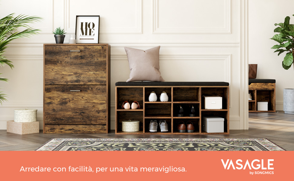 VASAGLE Panca Scarpiera, Panchina Con Seduta Imbottita, 3 Scomparti E 1 Contenitore, Portascarpe, Soggiorno Salotto Corridoio Camera Da Letto, Capacità Di Carico Di 150 Kg, Marrone Vintage Da SONGMICS 12 1