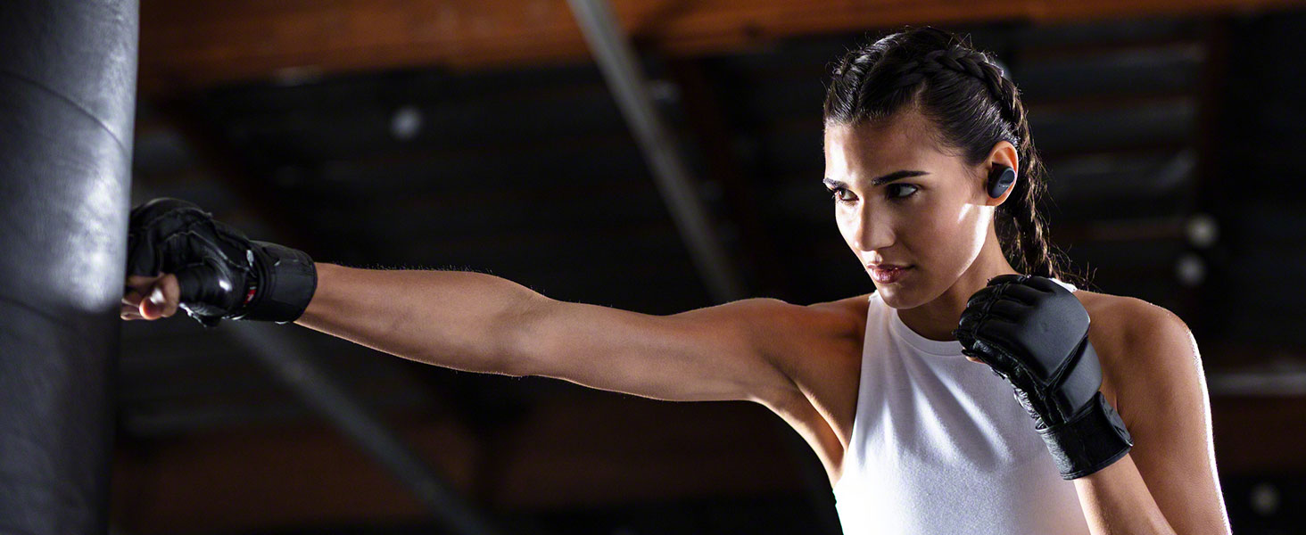 Sony WF-SP800N Ecouteurs sans fil bluetooth à réduction de bruit numérique, avec arcs de stabilisation pour le sport, resistant à l’eau et à la poussière, micro intégré pour appels, Blanc