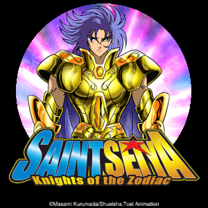 Saint Seiya character drawing with logo in foreground